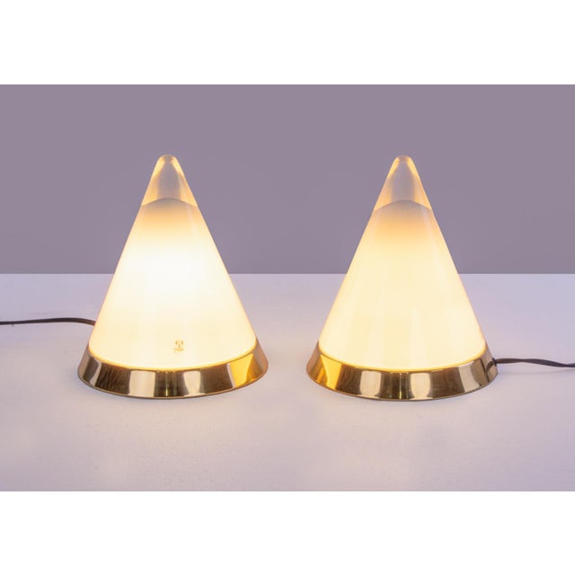 Hand blown clear and white opal conical crystal glass table lamps model 'kibo' by peill & putzler, germany, 1970s. Peill &...