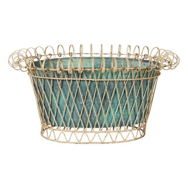 Rustic French Midcentury Oval Metal Cachepot with Scrolling Effects For Sale In Atlanta - Image 6 of 12