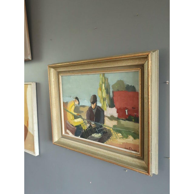 Mid-Century Modern 'The Net Menders' Vintage Original Figurative Coastal Landscape Oil Painting, Framed For Sale - Image 4 of 11