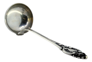 Silver Soup Ladle with Handle Grooves and Monogram Card