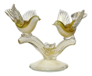 Barbini Murano Vintage White Olive Green Gold Flecks Italian Art Glass Birds Centerpiece Sculpture
