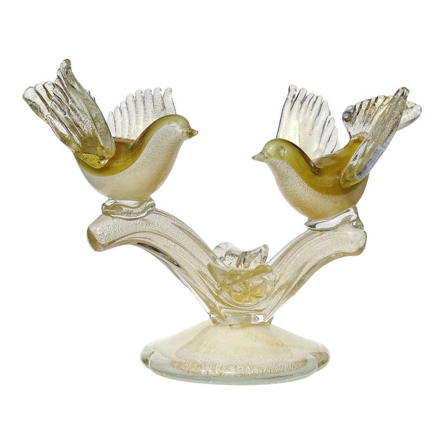 Vintage Barbini Murano White Olive Green Gold Flecks Italian Art Glass Birds Centerpiece Sculpture For Sale