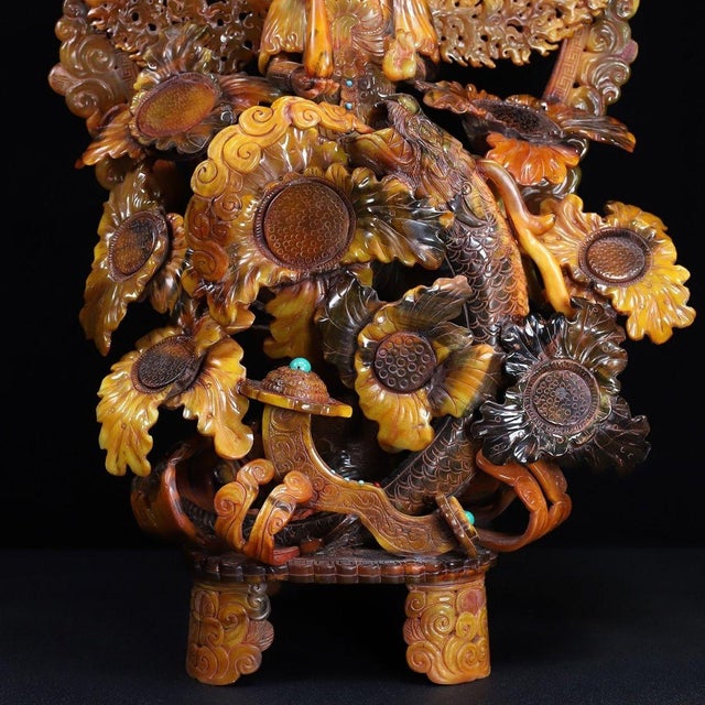 Yellow Late 19th Century Large Carved Faux Horn Bodhisattva Riding Dragon Sculpture For Sale - Image 8 of 10