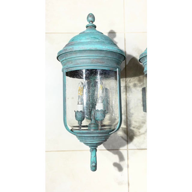 Green Pair of Vintage Solid Brass Wall Lanterns /Sconces 22”x10”x11”.5 For Sale - Image 8 of 16