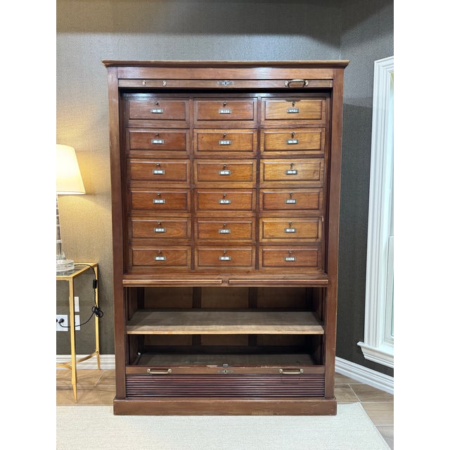 Vintage French Art Deco Oak Notary Cabinet With Tambour Doors For Sale - Image 4 of 10