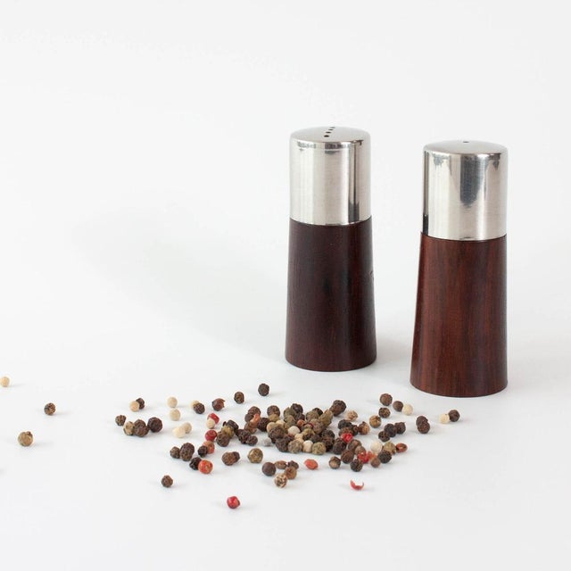 Mid-Century Modern Vintage Danish Wood and Chrome Salt and Pepper Shakers, 1960s, Set of 2 For Sale - Image 3 of 12