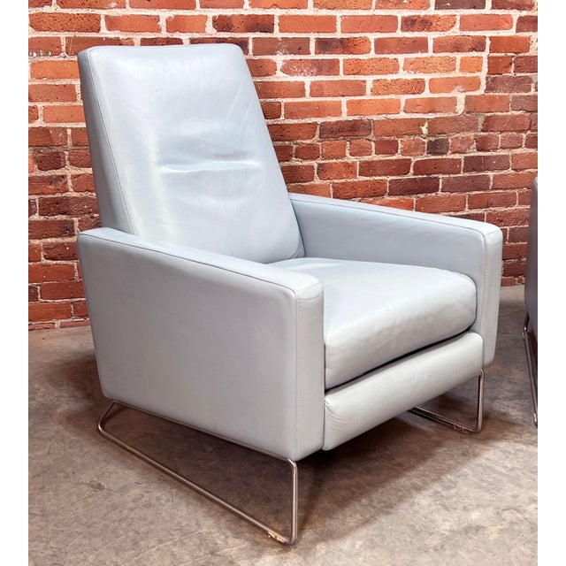 Jeffrey Bernett Design With Reach Dwr Flight Chair Recliners in Blue Mist Leather - a Pair For Sale - Image 4 of 12