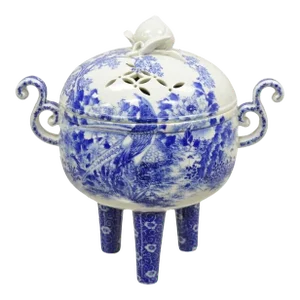 Antique 19th Century Blue and White Chinese Porcelain Footed Incense Burner