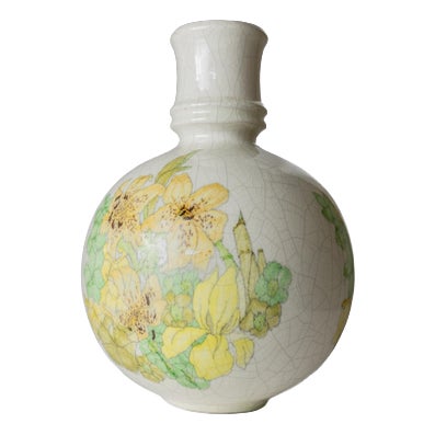 Vintage Ceramic Vase with Green and Yellow Floral Design from Ernestine, Italy, 1960s For Sale