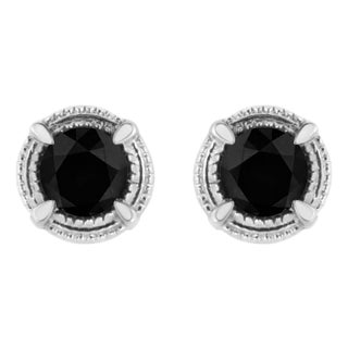 .925 Sterling Silver 1/2 cttw Treated Black Diamond Modern 4-Prong Solitaire Milgrain Stud Earrings, A Pair For Sale