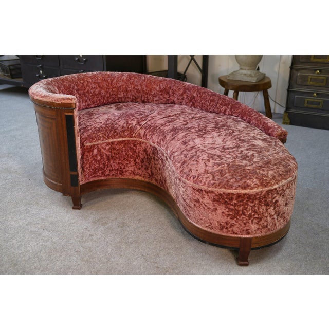 Art Deco Rognon Sofa in Mahogany Veneer, 1930s, in Worn conditions. Designed 1920 to 1949