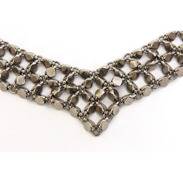 Silver Chanel Rock Stud Silver 3 Row Metal Link v Necklace Signed 1990's For Sale - Image 8 of 12
