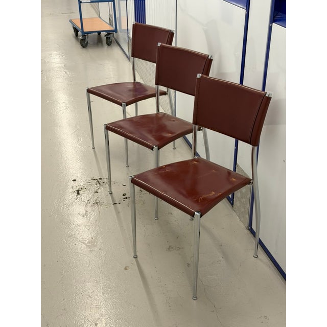 Metal Vintage Ginger Cognac Leather and Chrome Dining Chairs from Fasem, Italy, 1980s, Set of 3 For Sale - Image 7 of 10