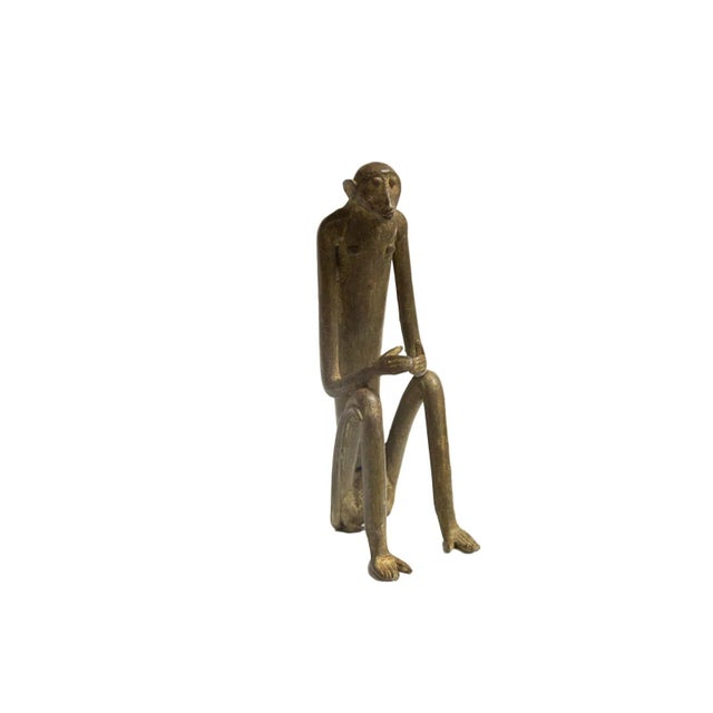 Brass Large Seated Monkey with Hands Touching Vintage African Bronze Sculpture For Sale - Image 8 of 9