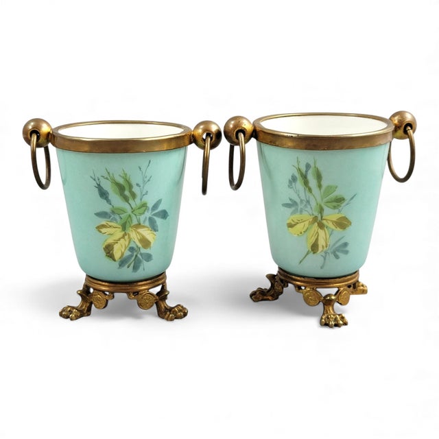Turquoise Porcelain and Bronze Cache-Pots, Paris, France, 1835-1850, Set of 2 For Sale - Image 10 of 10