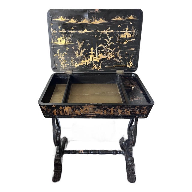 Antique 19th Century Chinese Export English Chinoiserie Black Laquered Sewing Table, Work Table For Sale