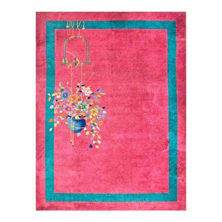 1920s Pink Blush Floral Modern Antique Chinese Art Deco Rug 8'9" X 11'6" Handknotted Wool Carpet For Sale