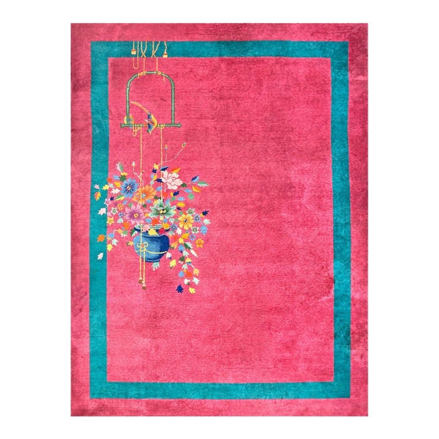 1920s Pink Blush Floral Modern Antique Chinese Art Deco Rug 8'9" X 11'6" Handknotted Wool Carpet For Sale