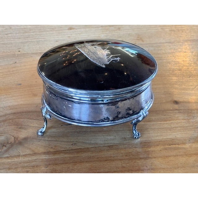 Late 20th Century Round Metal Box With Inlaid Steamship Lid on Three Feet For Sale - Image 5 of 7