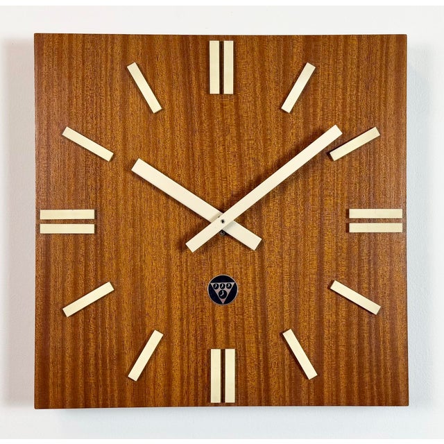 Wood Vintage Brown Wooden Wall Clock from Pragotron, 1980s For Sale - Image 7 of 16