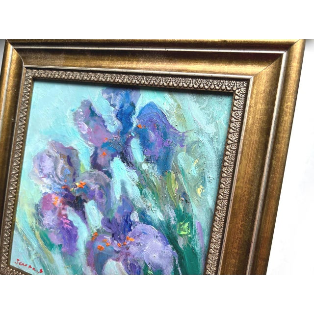 Framed Flower Blue-Violet Irises Original Painting by Artist Valeriya Serova For Sale - Image 4 of 11