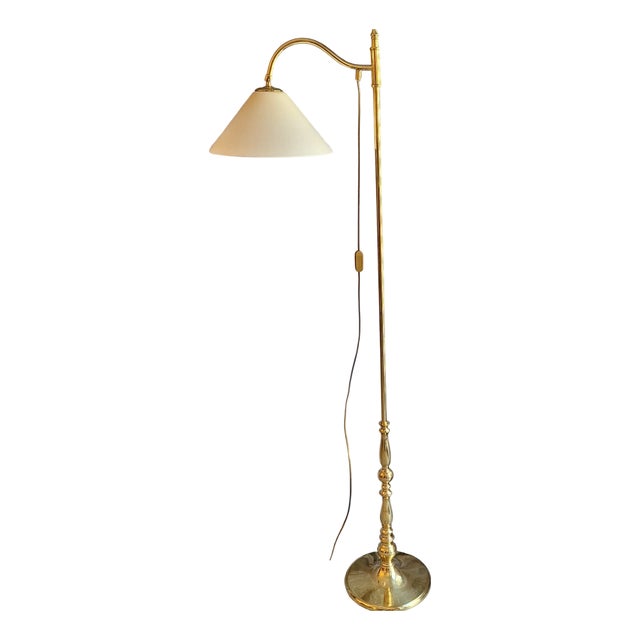 Height-Adjustable Floor Lamp with Brass Frame and Cream-Colored Glass Shade, 1980s For Sale