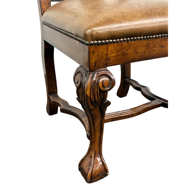 Brown Late 20th Century Dutch Chippendale Style Carved Fruitwood & Leather Dining Chairs — Set of 4 For Sale - Image 8 of 10