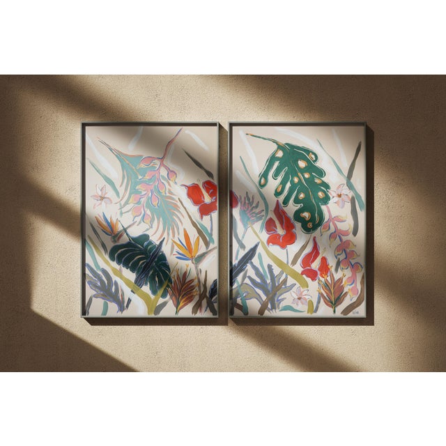 Paper 2026, Blooming Tropical Flowers, Floral Diptych, Botanical Painting, Illustration Style Painting on Watercolor Paper For Sale - Image 7 of 10