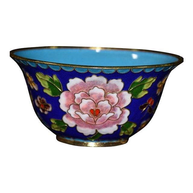 Handmade Cloisonne Tea Bowl, Wire Inlaid Pink Peony on Deep Blue, Chinoiserie Decor For Sale