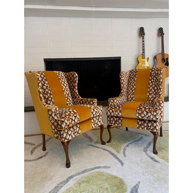 Textile Vintage Pair of Reupholstered Leopard Print Wingback Arm Chair With Yellow Stripe For Sale - Image 7 of 8