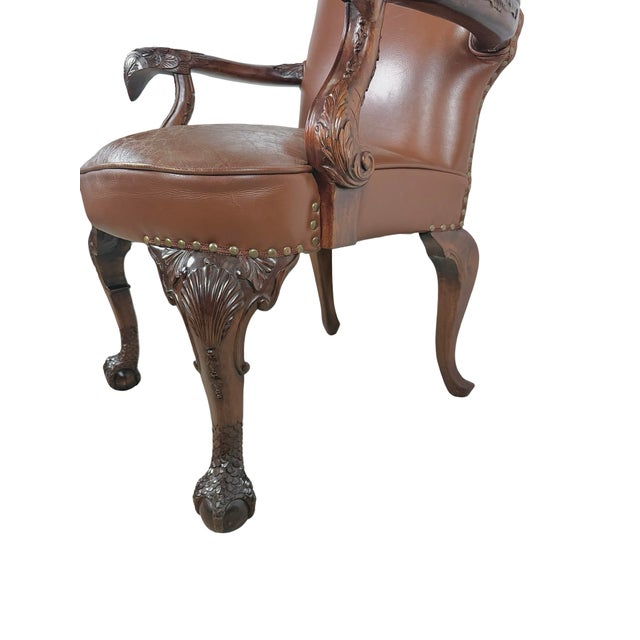 Vintage Maitland-Smith Carved Wood & Brown Leather Armchair For Sale - Image 13 of 18