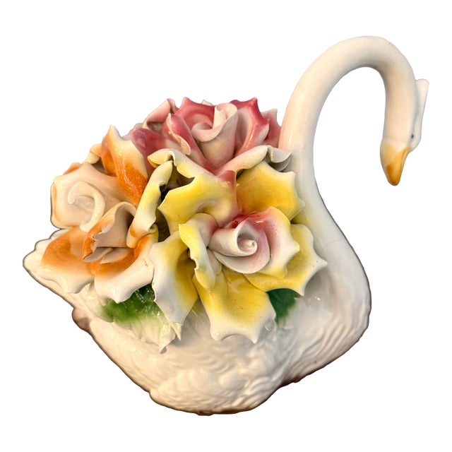 Vintage Italian Capodimonte Porcelain Swan Centerpiece With Sculpted Rose Bouquet For Sale