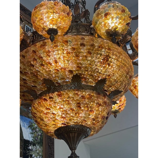 Metal Grand Venetian-Style Tiered Amber Glass Flower Rosette & Cast Metal Chandelier (48” H X 36” W) For Sale - Image 7 of 8