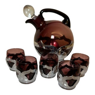1930s Krome Kraft Farber Bros Amethyst Decanter & 5 Cordial Glasses For Sale