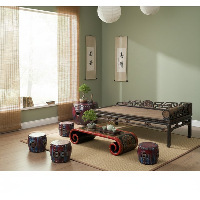 Sculpture Materials Out Door & in Door Chinese Red Clay Round Garden Tea Set - 5 Pieces For Sale - Image 7 of 7