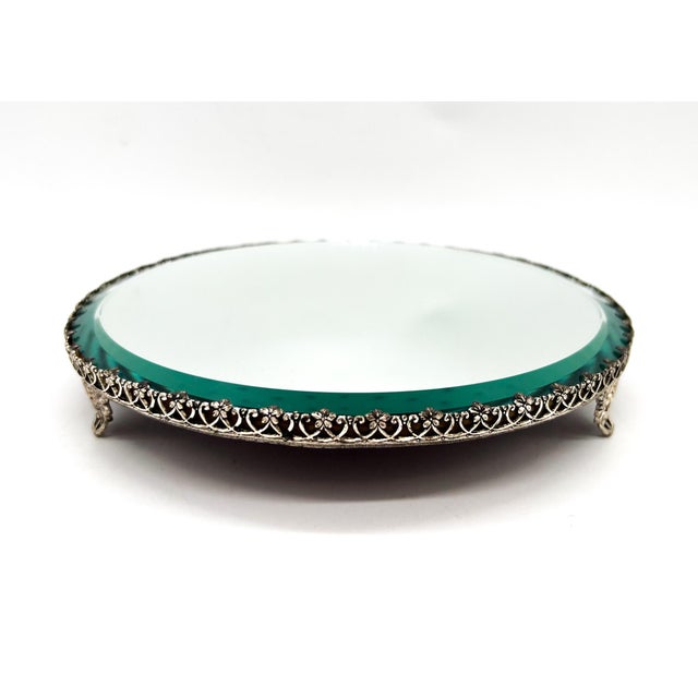Hollywood Regency 8" Vintage Round Mirrored Plateau Tray With Ornate Silver-Tone Gallery – Hollywood Regency / Neoclassical For Sale - Image 3 of 15