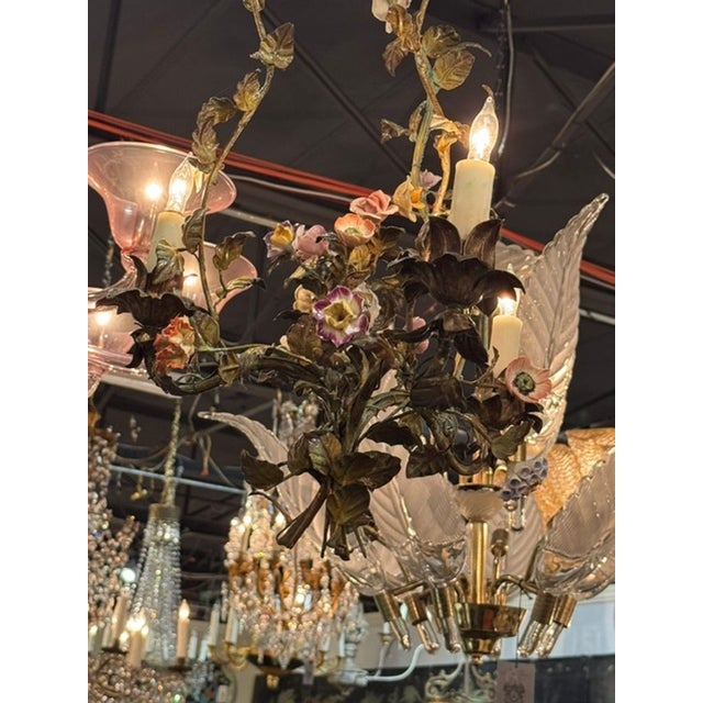 French Antique Iron and Porcelain Flower Chandeliers For Sale - Image 9 of 9