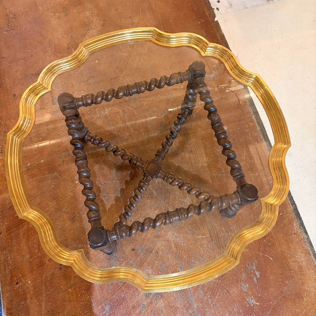 Brass Baker Attributed Regency-Style Coffee Table Features a Distinctive Scalloped Brass Tray Top and a Barley Twist Oak Base For Sale - Image 8 of 12