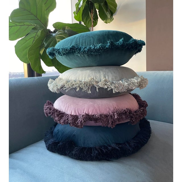 2020s The Macaron, Fringed Velvet Circle Pillow, Teal For Sale - Image 5 of 7