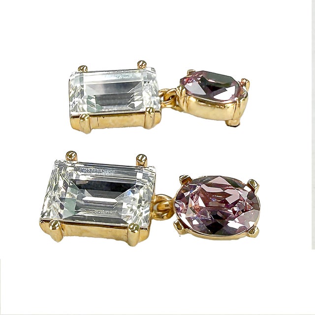Metal Oscar De La Renta Gold Plated Light Amethyst Crystal Rectangle Drop Post Earrings, A Pair For Sale - Image 7 of 12
