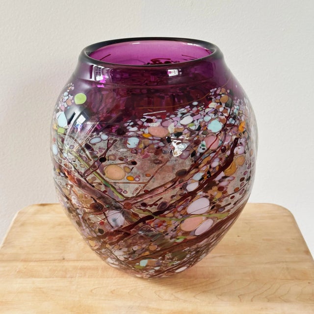 Postmodern Vibrant Mouth Blown Art Glass Vase in Purple Signed by Artist John Gerletti For Sale - Image 3 of 9