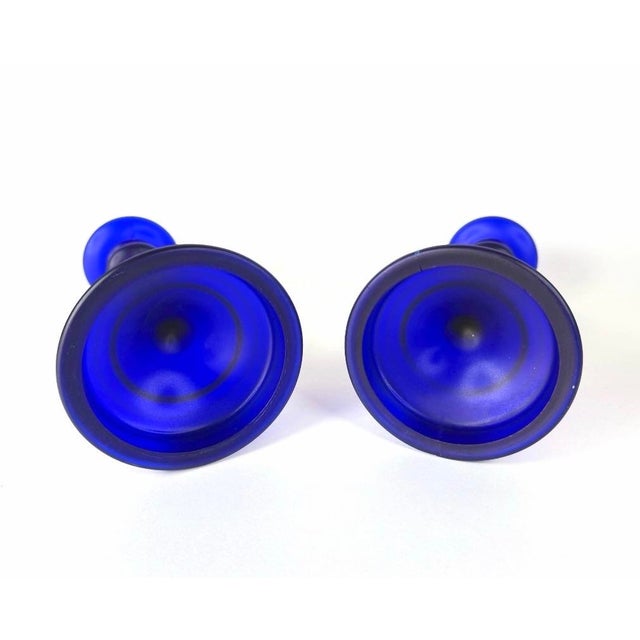 1930s 1930s Art Deco Cobalt Blue Satin Glass Candlesticks & Centerpiece Bowl Set For Sale - Image 5 of 8