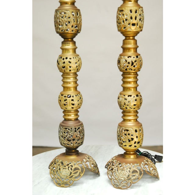 Chinese Brass Candlestick Floor Lamps - A Pair | Chairish