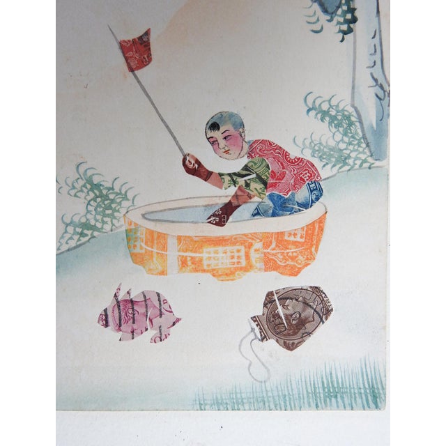 Vintage mid 20th century chinese postcard with handmade collage out of stamps. Young boy at well and a rabbit made from...