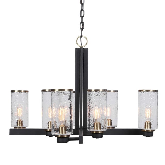Metal Industrial Chandelier Black and Brass For Sale - Image 7 of 10