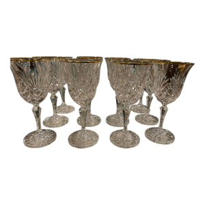 1990s Miller Rogaska Crystal Wine Glasses in Richmond Pattern With Gold Rimmed Trim- Set of 12