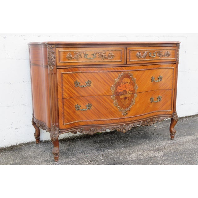 Johnson Furniture Co. French Early 1900s Inlay Carved Dresser Bathroom Vanity and Mirror For Sale - Image 4 of 18