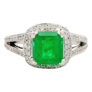 1.39 Colombian Emerald Diamond 14k White Gold Double-Halo Ring, Gia Certified, Size 5.75 For Sale
