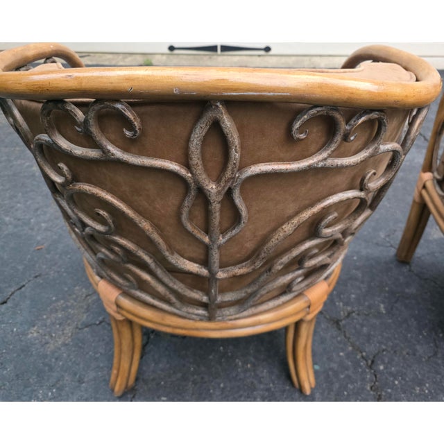 Pair of Maitland-Smith Hollywood Regency Wooden Faux-Bamboo Tub Chairs With Wrought-Iron Scrollwork, Philippines For Sale - Image 12 of 14