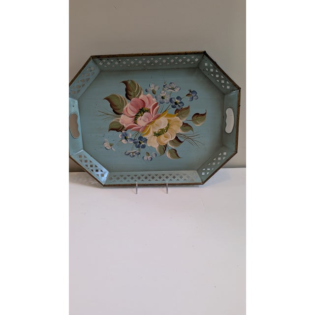 Beautiful Vintage Hand Painted Tole Ware Serving Tray. Large Rectangular Elongated Hexagon Shape featuring raised...